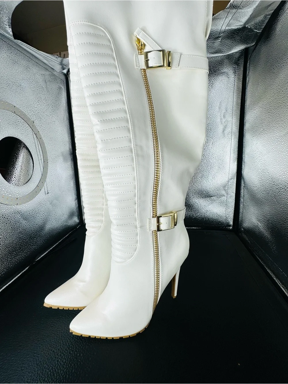 White Faux Leather Over-the-Knee Stiletto Boots
